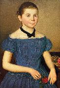 Anonymous Portrait eines Madchens im schulterfreien blauen Kleid oil painting reproduction