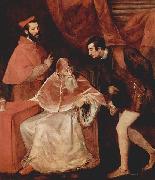 Titian Portrat des Papstes Paulus III mit Kardinal Alessandro Farnese und Herzog Ottavio Farnese. oil painting on canvas