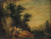 Saint Dorothea meditating in a landscape, Anonymous