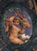 Correggio Two ovals depicting a putto with a stag's head and a putto with a greyhound oil painting on canvas